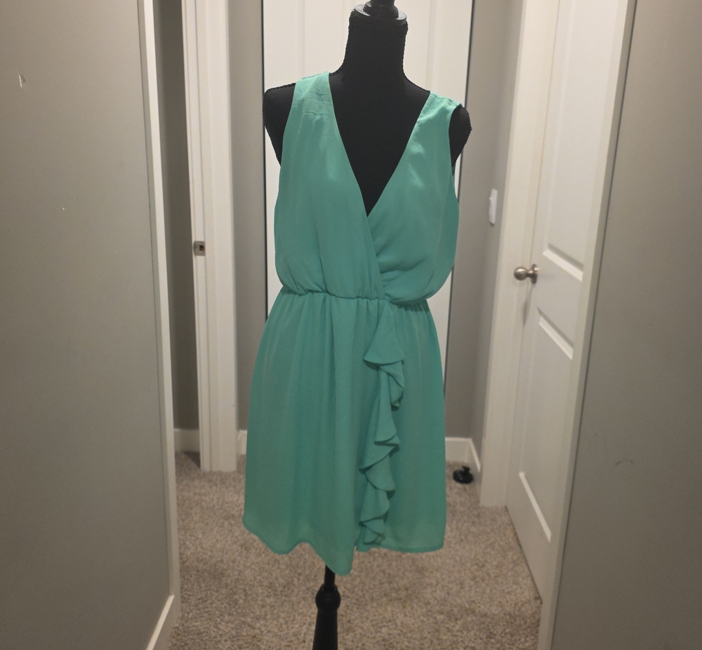 Pink Owl Sleeveless Mint Green Ruffle Wrap Dress